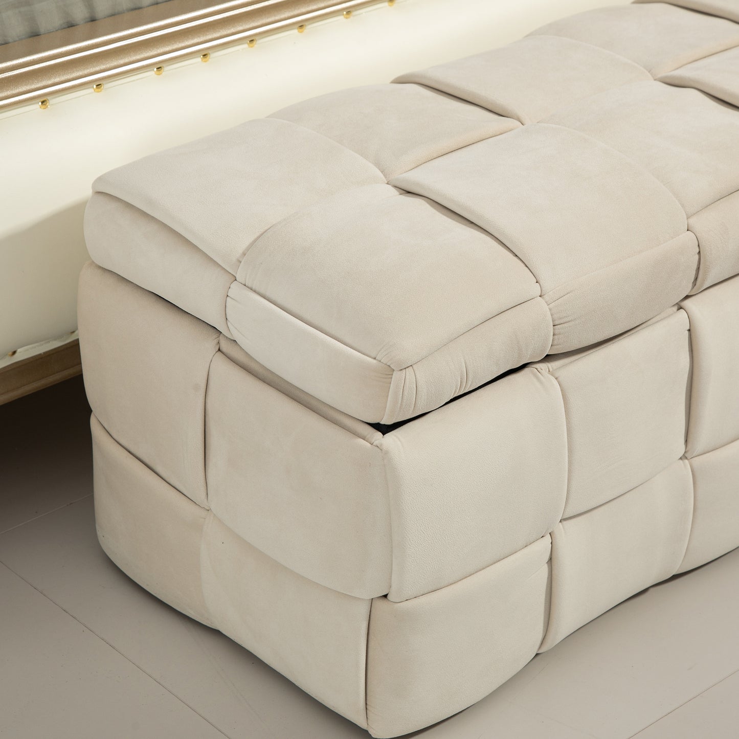 COOLMOR Ottoman-Stuhl mit Stauraum, Schlafzimmer-Beistelltisch, gepolsterter Eingangs-Fußhocker aus Stoff mit Sicherheitsscharnier (Beige)