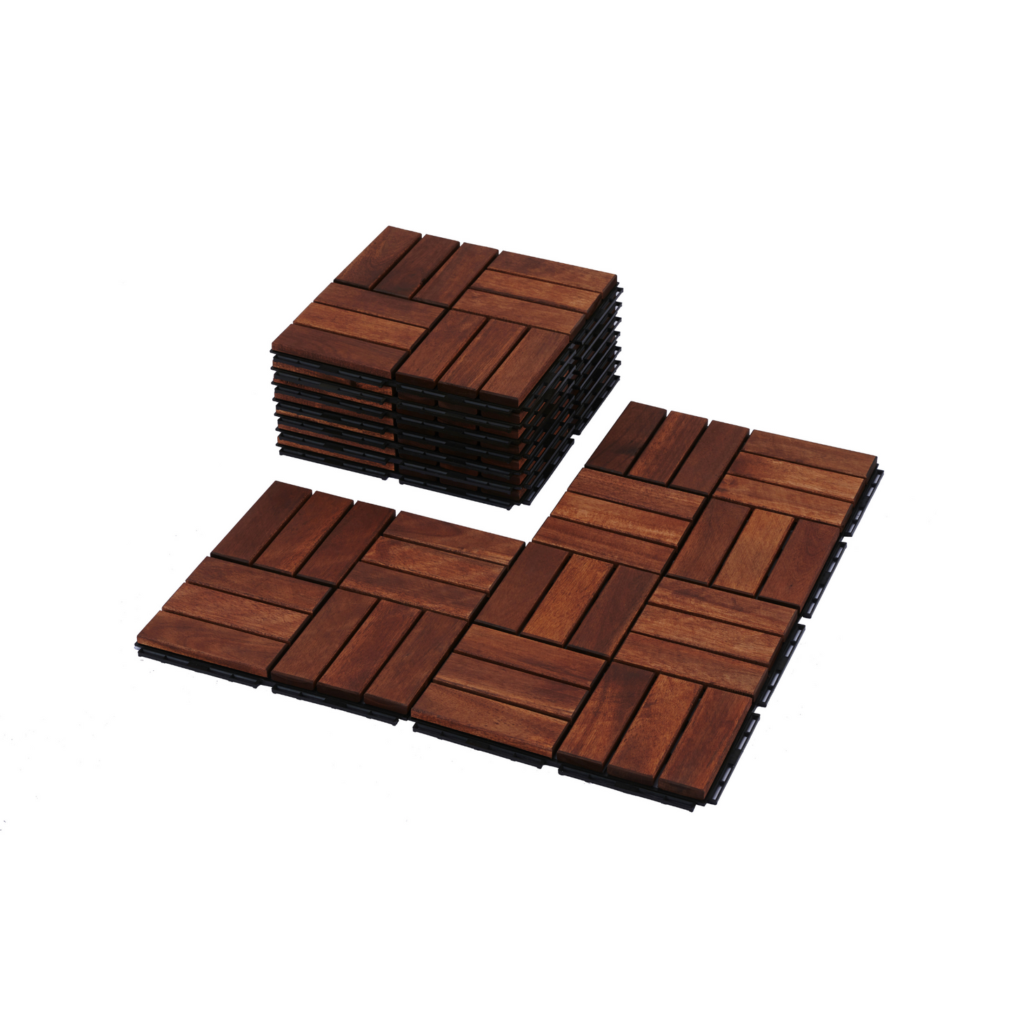 Acacia interlocking deck tile grid pattern, 10 pieces of 12 inch x 12 inch square brown Acacia hardwood outdoor flooring