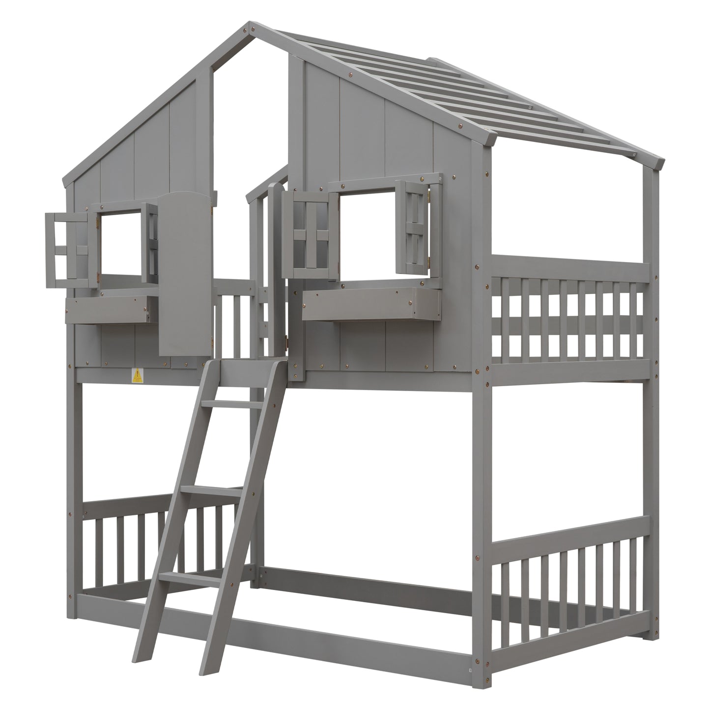 Twin over Twin House Bunk Bed with Roof , Window, Window Box, Door , with Safety Guardrails and Ladder, Grey