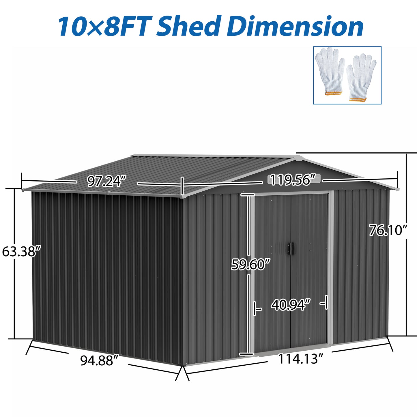 10X8 FT outdoor tool storage shed with metal foundation and lockable door, all-weather metal shed, gray