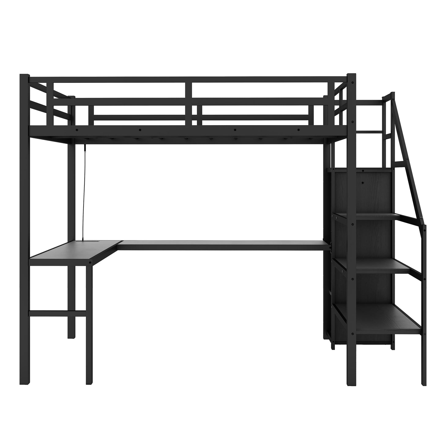 Full sized loft bed with L-shaped desk and USB, metal loft bed with wardrobe and adjustable shelf, black color