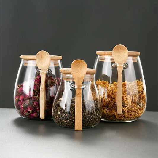 Kitchen Glass Jar Glass Spice Jar Bamboo Wooden Lid Food Storage Container With Spoon