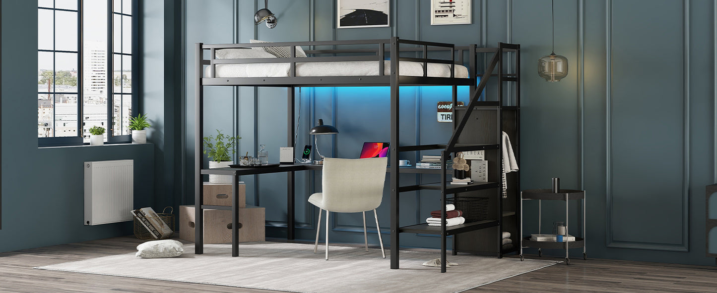 Full sized loft bed with L-shaped desk and USB, metal loft bed with wardrobe and adjustable shelf, black color