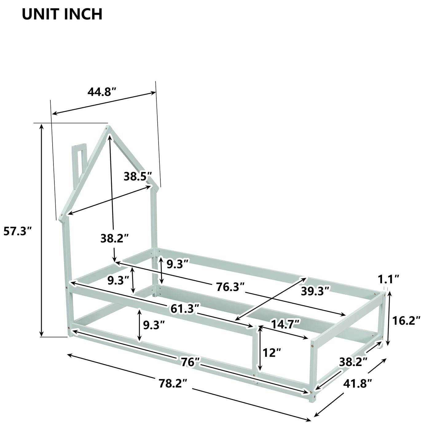 Twin Size Wood bed with House-shaped Headboard Floor bed with Fences,Light Green