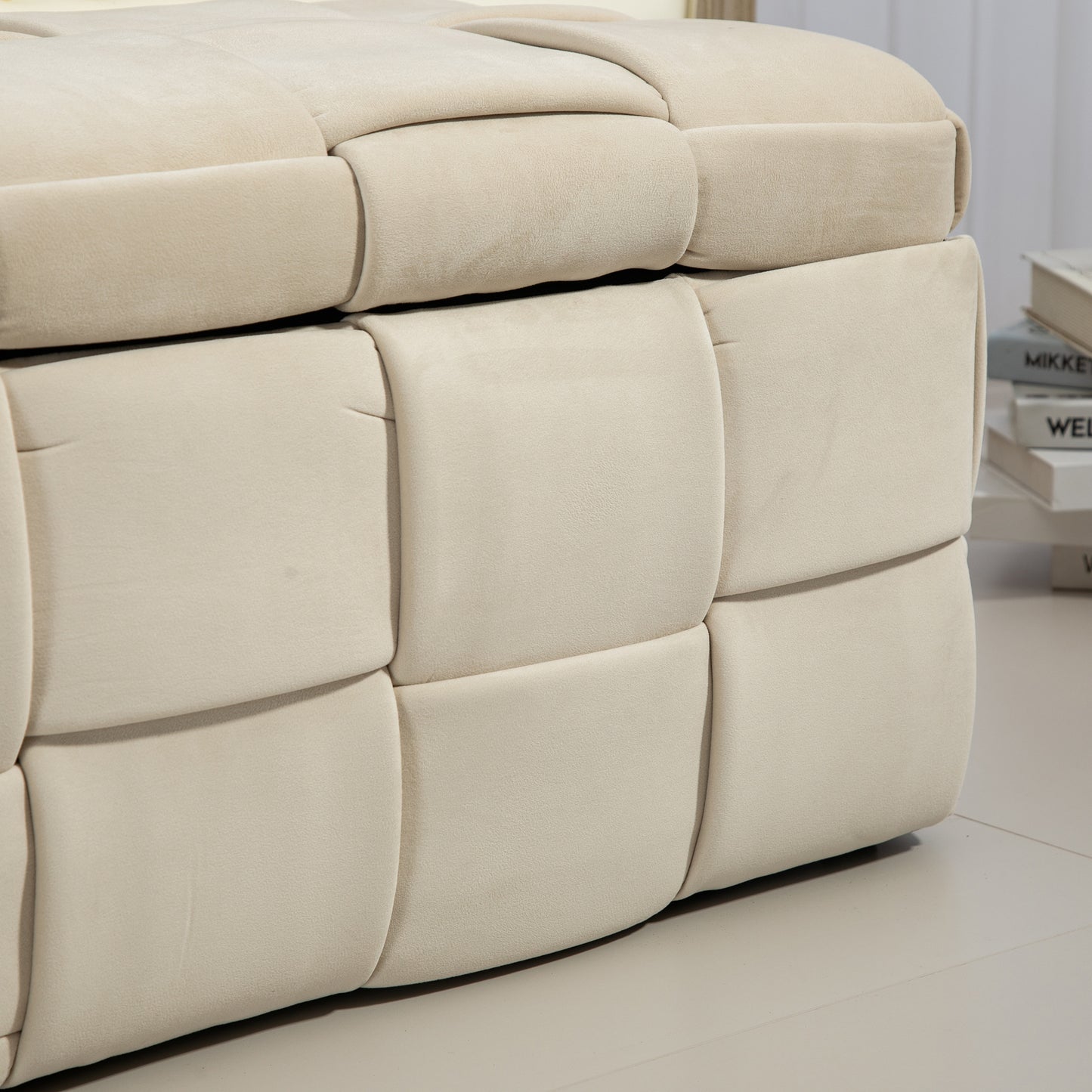 COOLMOR Ottoman-Stuhl mit Stauraum, Schlafzimmer-Beistelltisch, gepolsterter Eingangs-Fußhocker aus Stoff mit Sicherheitsscharnier (Beige)