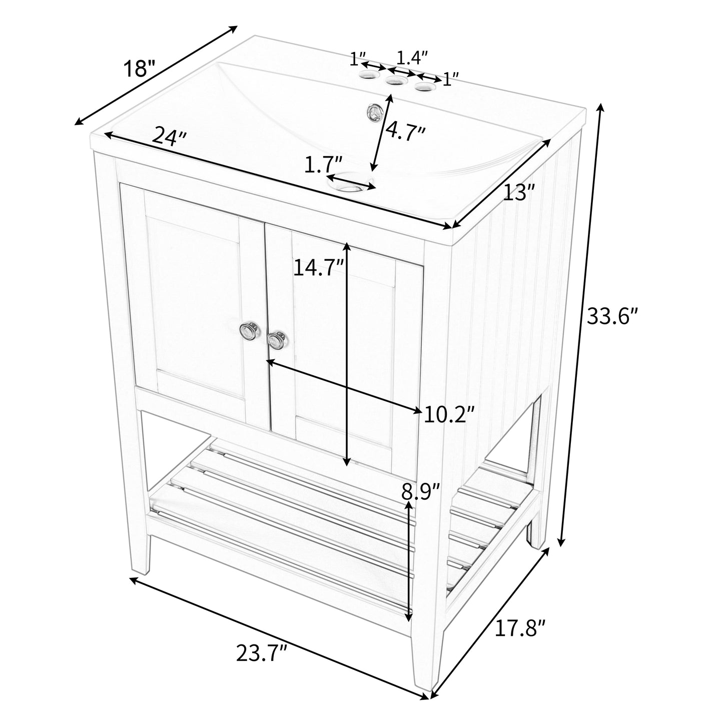 24" White Modern Sleek Bathroom Vanity Elegant Ceramic Sink with Solid Wood Frame Open Style Shelf - NOVADI