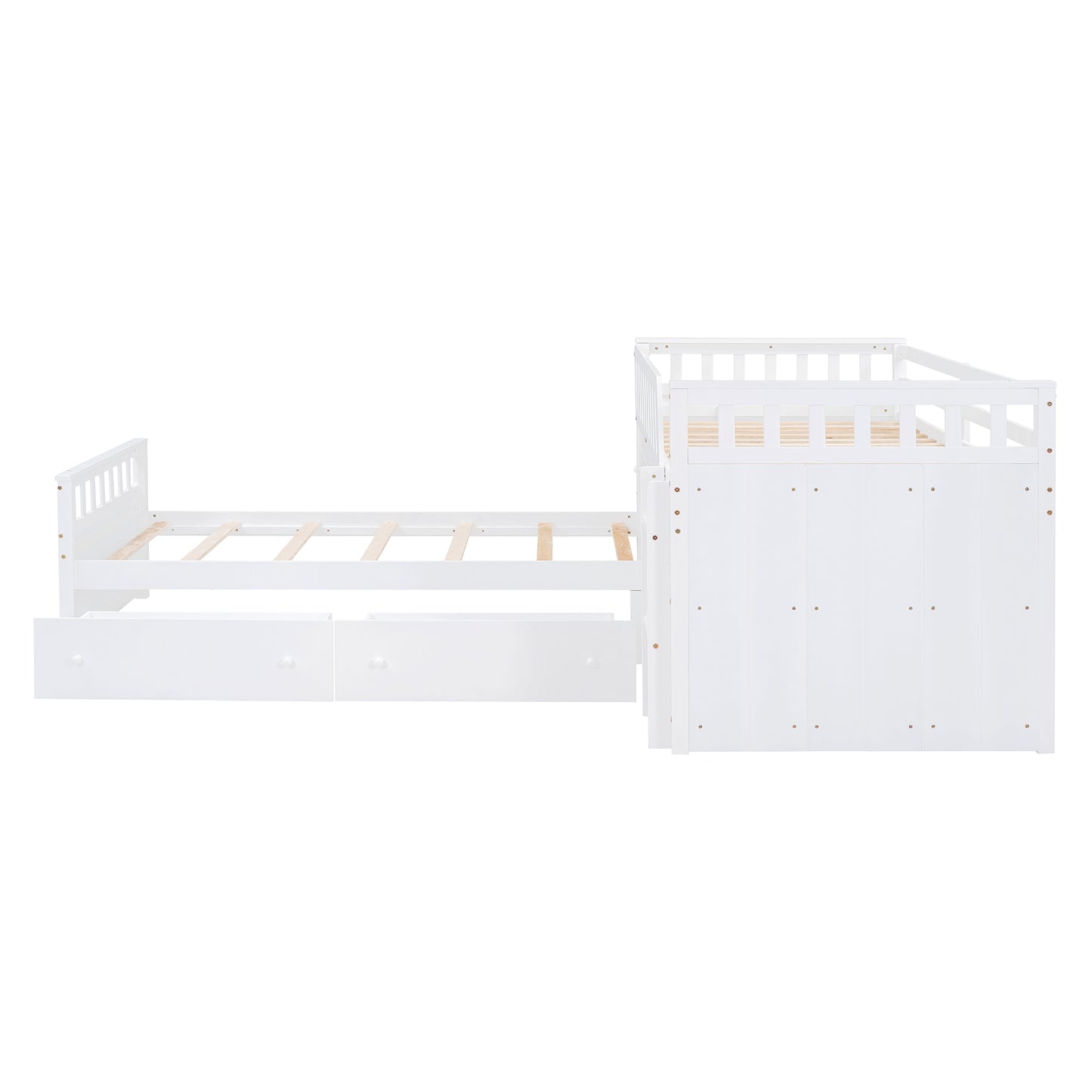 L-shaped Space-Saving Twin Loft and Twin Platform Bed with 7 Drawers and Full Guardrails(WHITE)