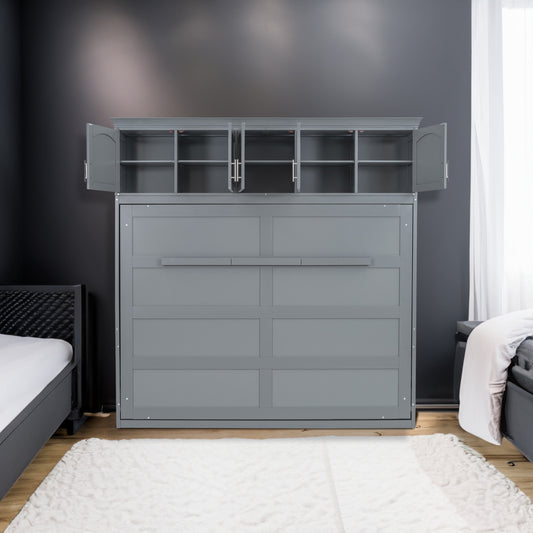 Full Size Murphy Bed Wall Bed with Top Cabinets,Gray