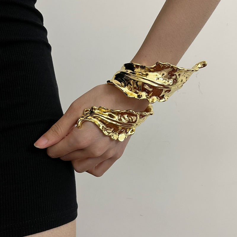 Retro gold leaf spiral wound open bracelet for women delicate metal leaf bracelet - NOVADI