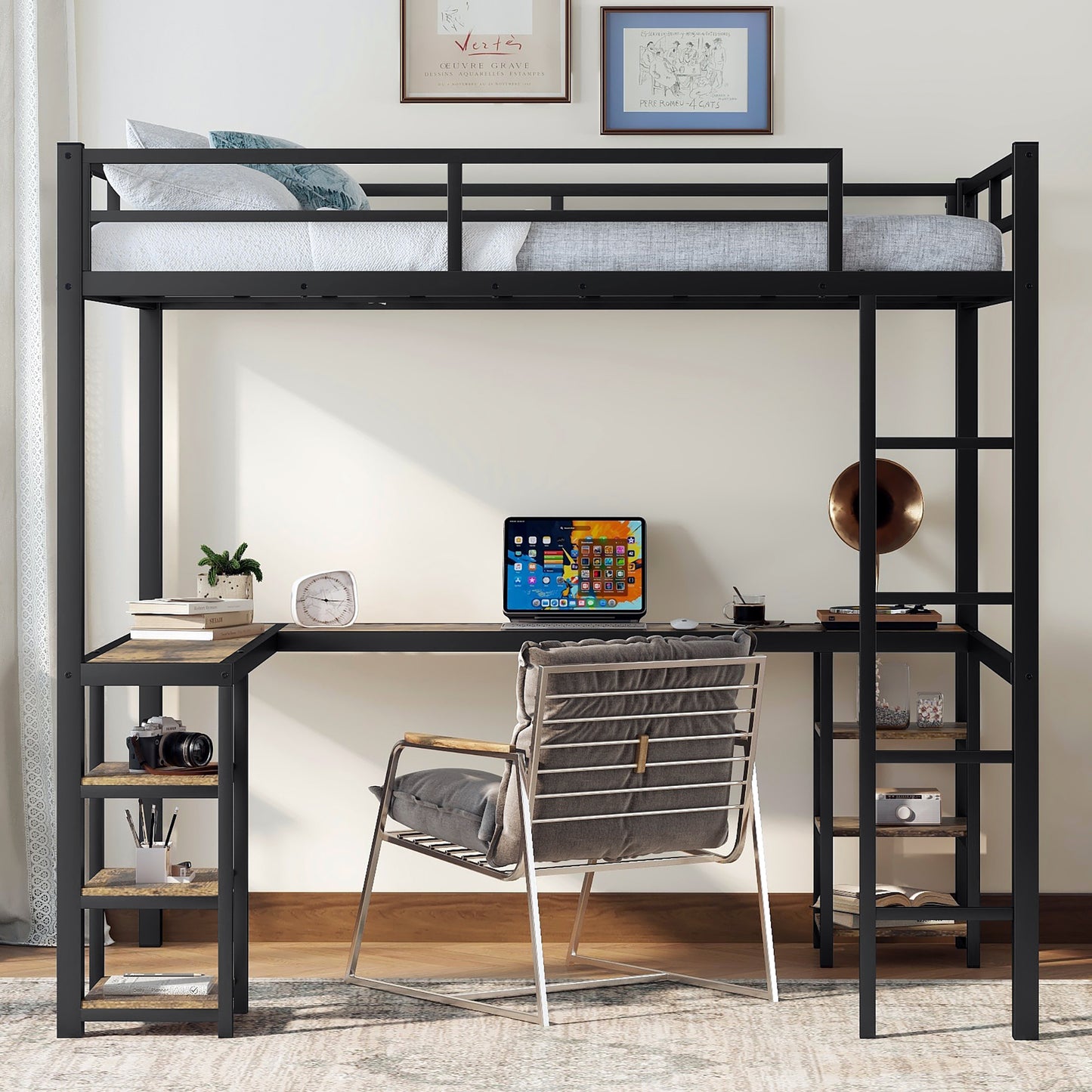 Full metal loft bed with desk and shelf, loft bed with ladder and guardrail, bedroom loft bed frame, black