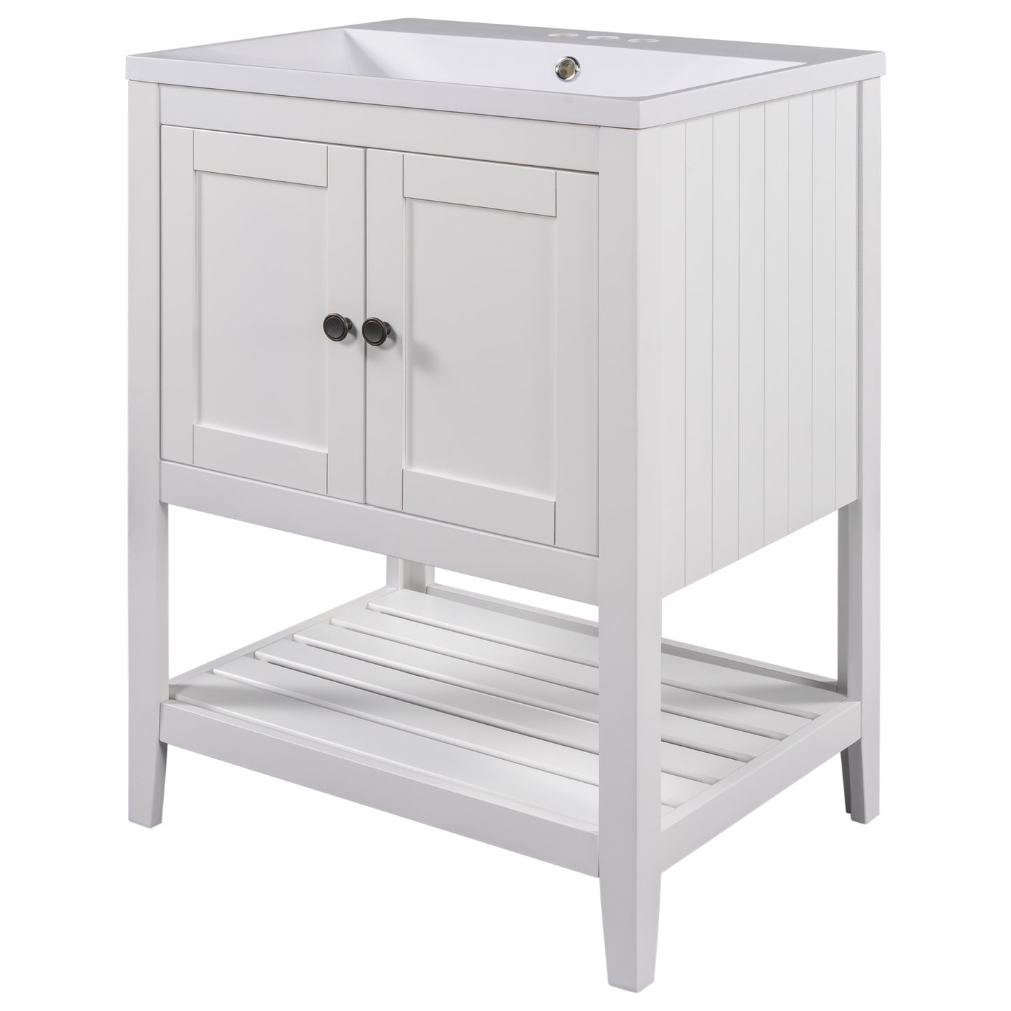 24" White Modern Sleek Bathroom Vanity Elegant Ceramic Sink with Solid Wood Frame Open Style Shelf - NOVADI