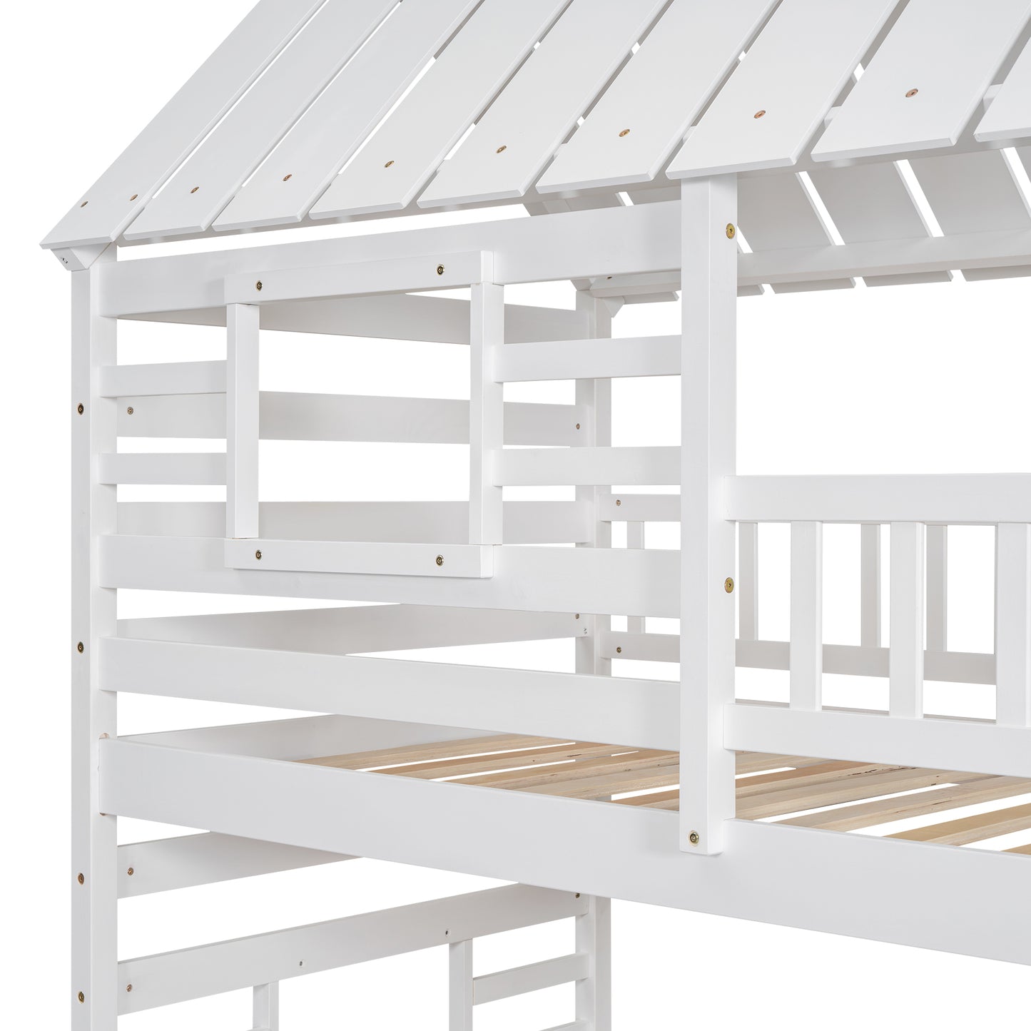 Twin over Twin House Bunk Bed with Trundle and Slide Storage Staircase Roof and Window Design  White