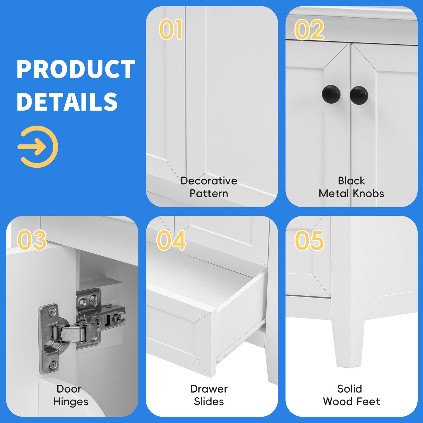 24-Zoll-Badezimmerwaschtisch mit Waschbecken, Badezimmerwaschtischunterschrank mit einer Schublade und Türen, Massivholz und MDF, weiß