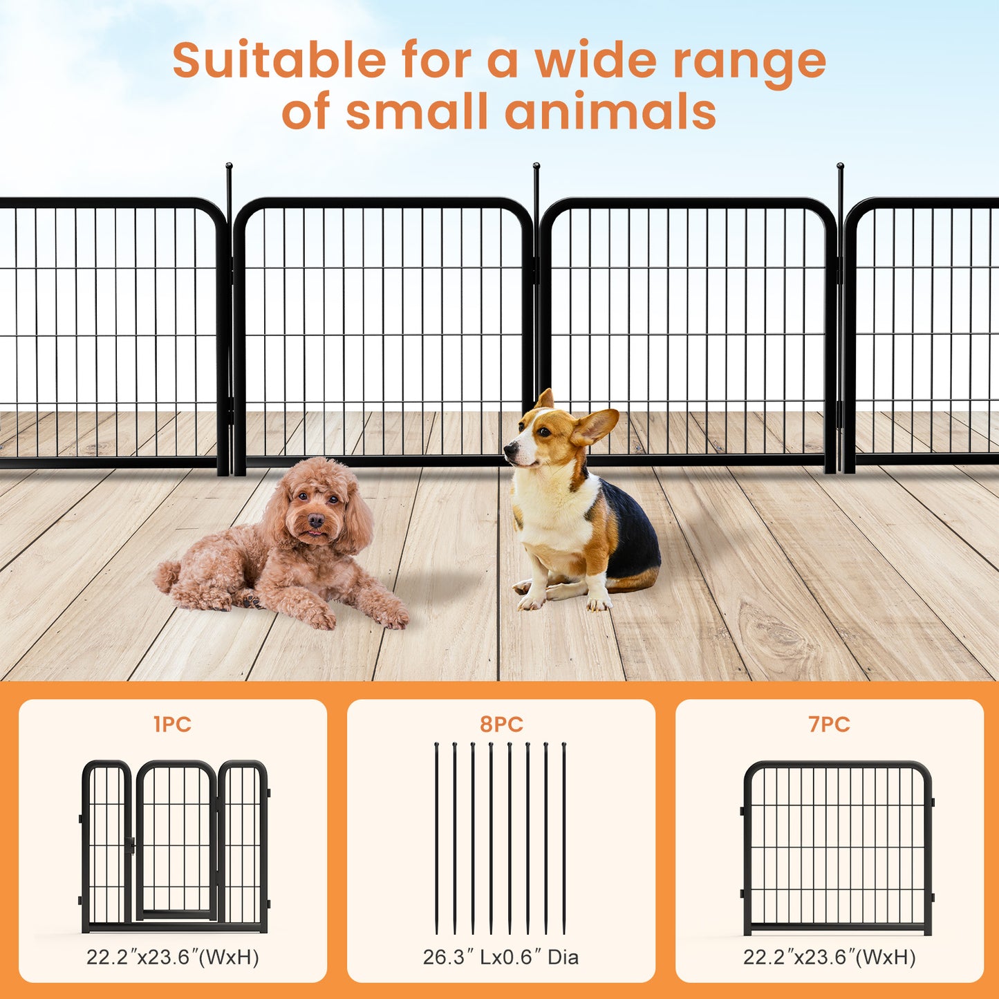 Outdoor 12 piece dog fence, 24 inch portable indoor game fence for small dog pets. Black, 22.2 inches wide x 23.6 inches high.