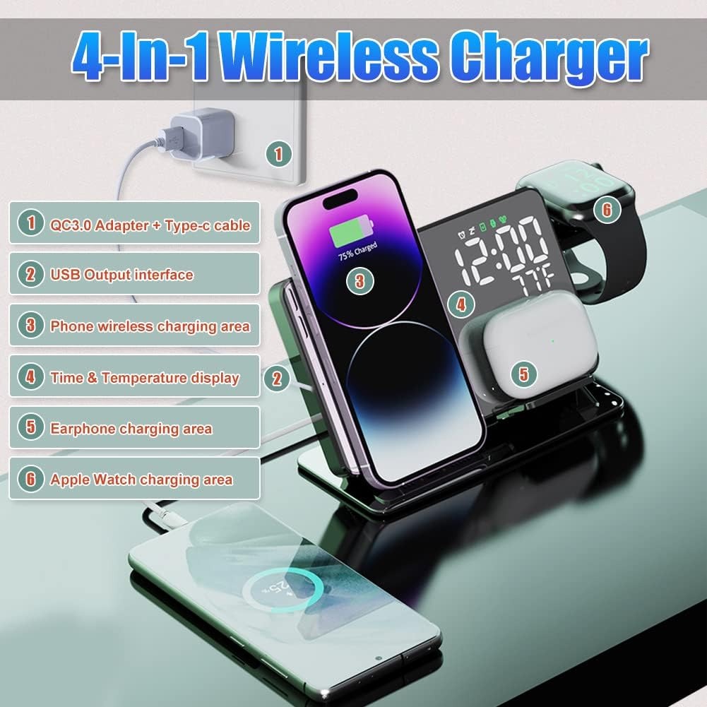 15W Four in One Wireless Charging Clock LED Digital Display Alarm Clock Temperature Display Wireless Charging