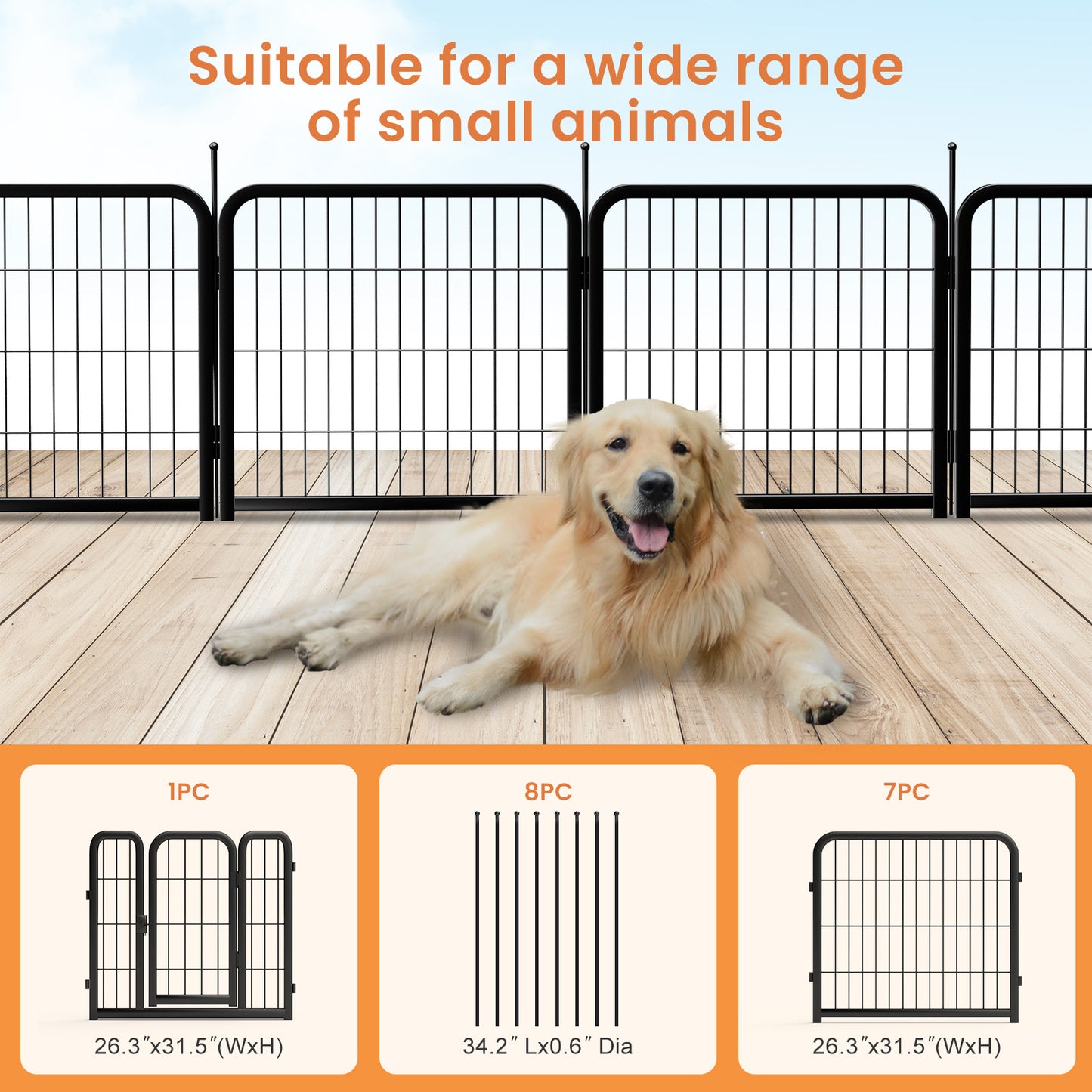 Outdoor dog fence, 8-piece board dog fence. 31 inch portable pet sports fence. Black, 26.3 inches wide x 31.5 inches high.