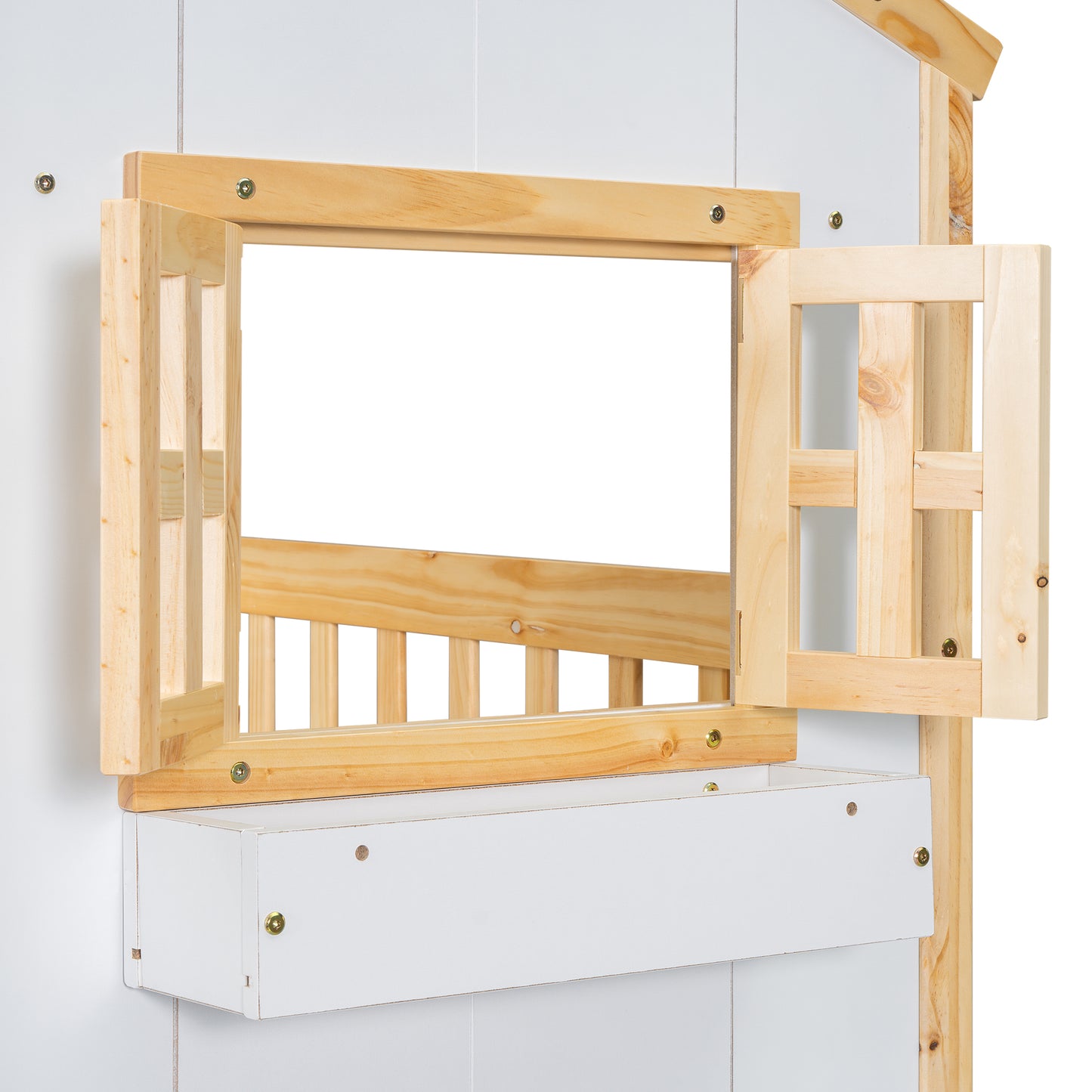 Twin over Twin House Bunk Bed with Roof , Window, Window Box, Door , with Safety Guardrails and Ladder, Natural/White