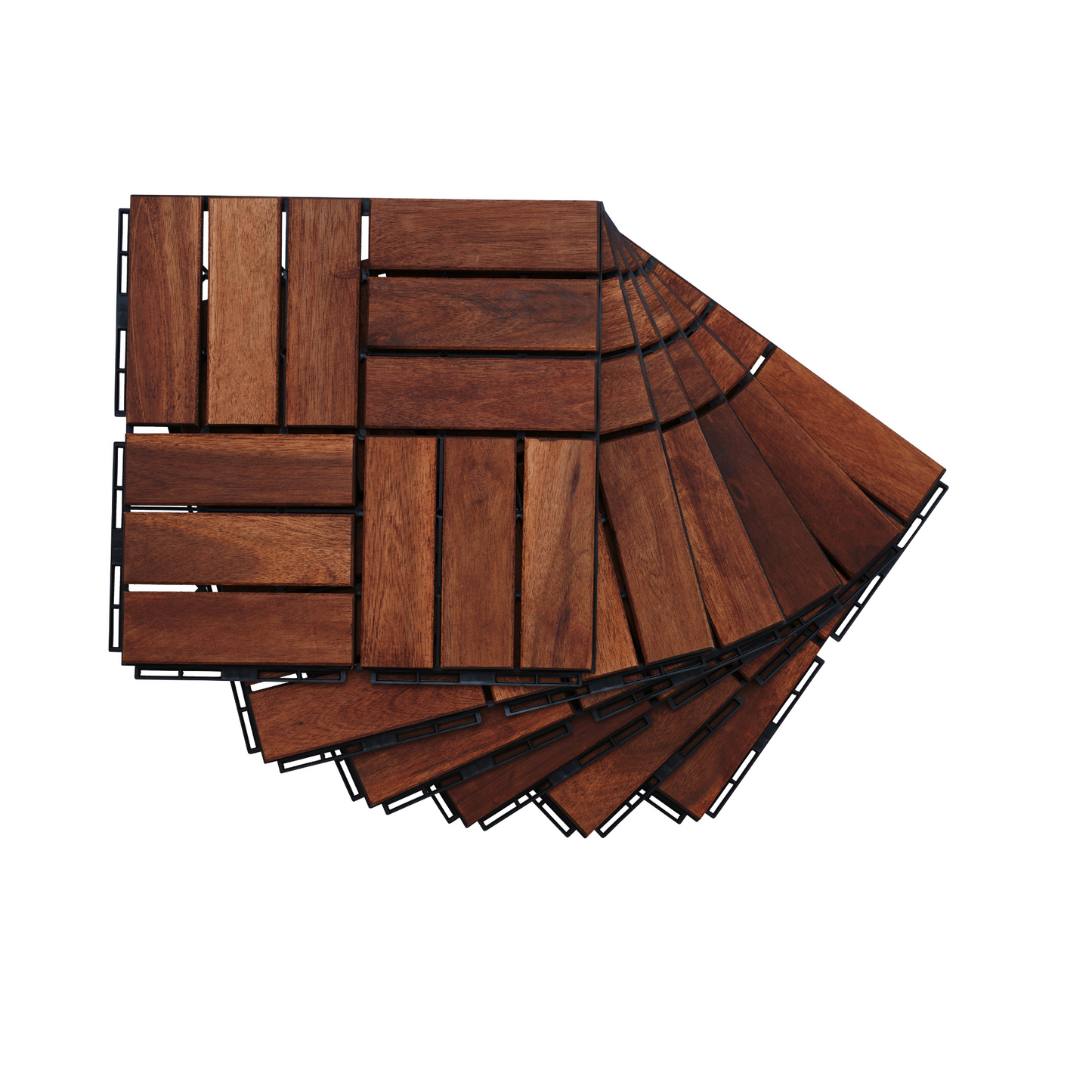 Acacia interlocking deck tile grid pattern, 10 pieces of 12 inch x 12 inch square brown Acacia hardwood outdoor flooring