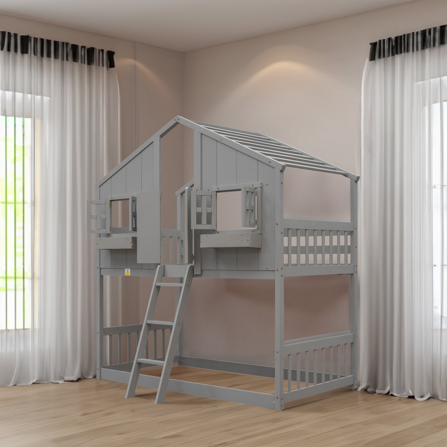 Twin over Twin House Bunk Bed with Roof , Window, Window Box, Door , with Safety Guardrails and Ladder, Grey