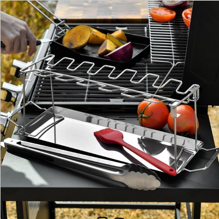 Folding Stainless Steel Grilled Chicken Leg Rack Grill BBQ Grill Pan Grill Rack Convenient Carry Bottom Tray Grilled Chicken Rack