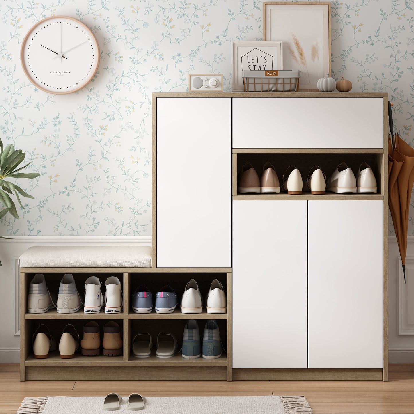 ON-TRANS 2-in-1 shoe storage platform and shoe cabinet, with soft cushioned seats and adjustable shelves, white