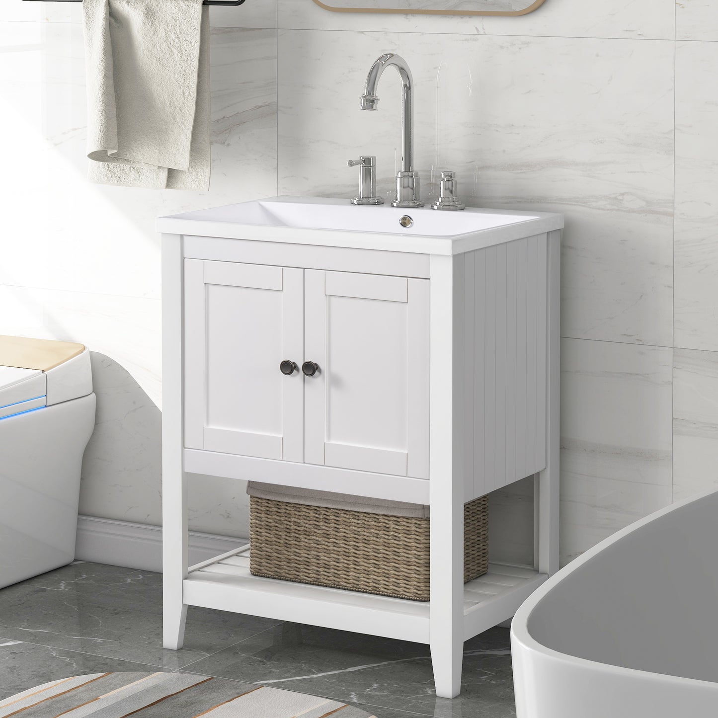 24" White Modern Sleek Bathroom Vanity Elegant Ceramic Sink with Solid Wood Frame Open Style Shelf - NOVADI