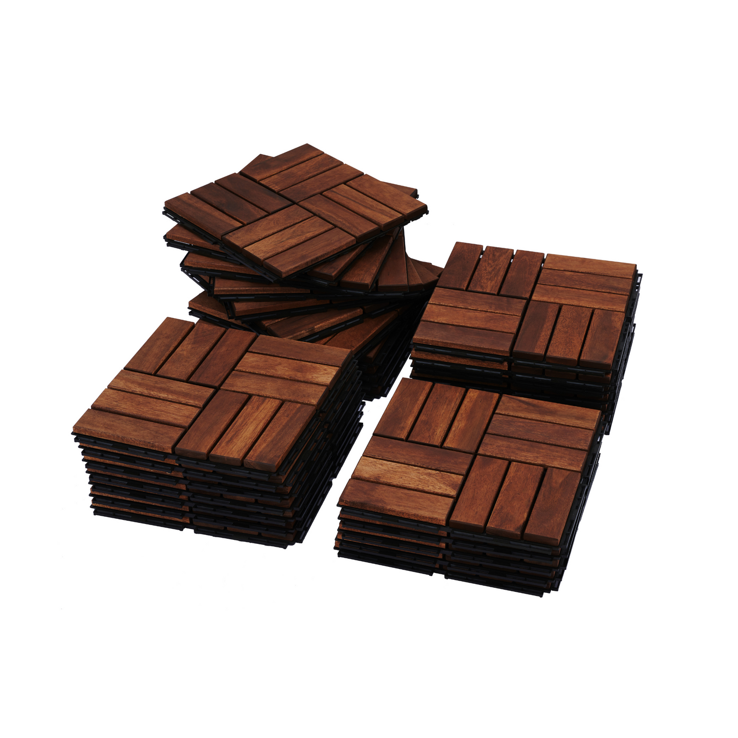 Acacia interlocking deck tile grid pattern, 10 pieces of 12 inch x 12 inch square brown Acacia hardwood outdoor flooring