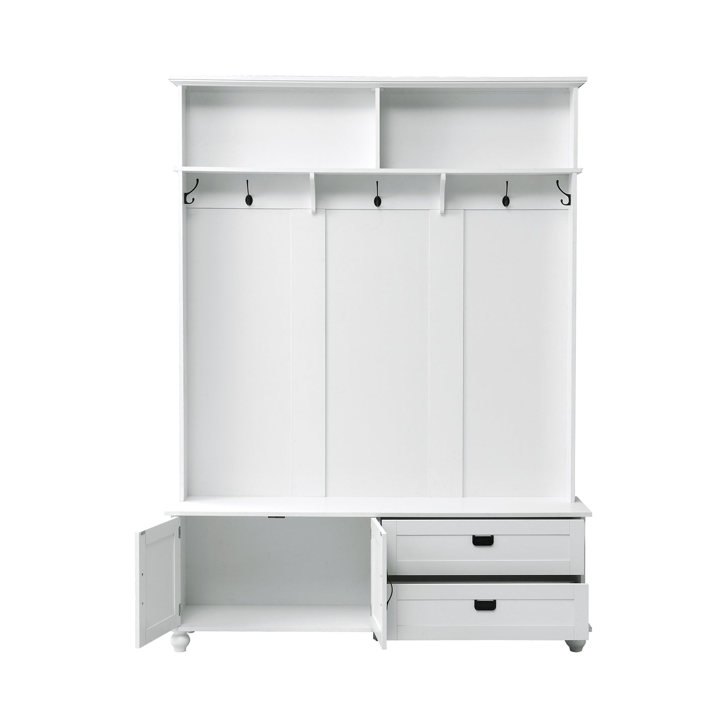 ON-TREND Modern Style Hall Tree with Storage Cabinet and 2 Large Drawers, Widen Mudroom Bench with 5 Coat Hooks, White