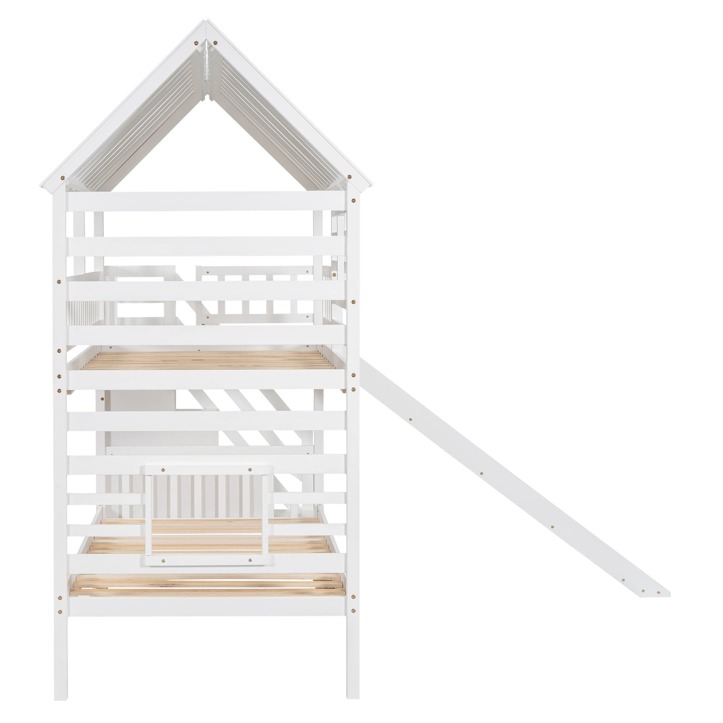 Twin over Twin House Bunk Bed with Trundle and Slide Storage Staircase Roof and Window Design  White