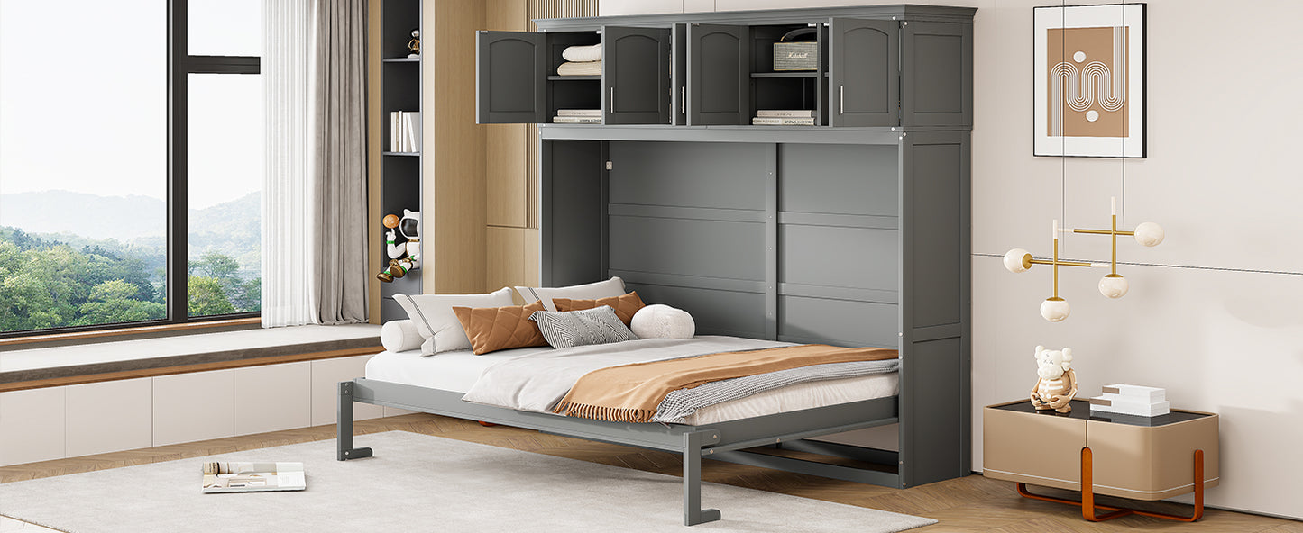 Full Size Murphy Bed Wall Bed with Top Cabinets,Gray