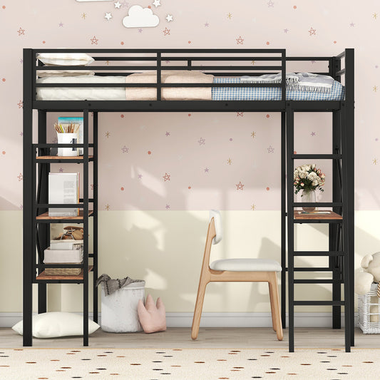 Twin Size Metal Loft Bed with Shelves and Desk, Black