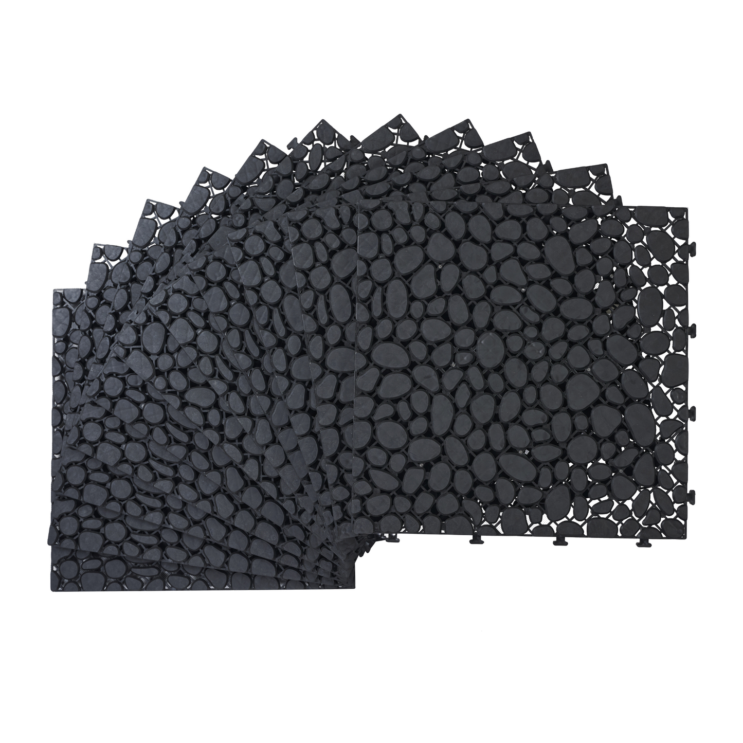 12 x 12 inch black interlocking deck tiles, plastic waterproofing, pebble pattern, pack of 12