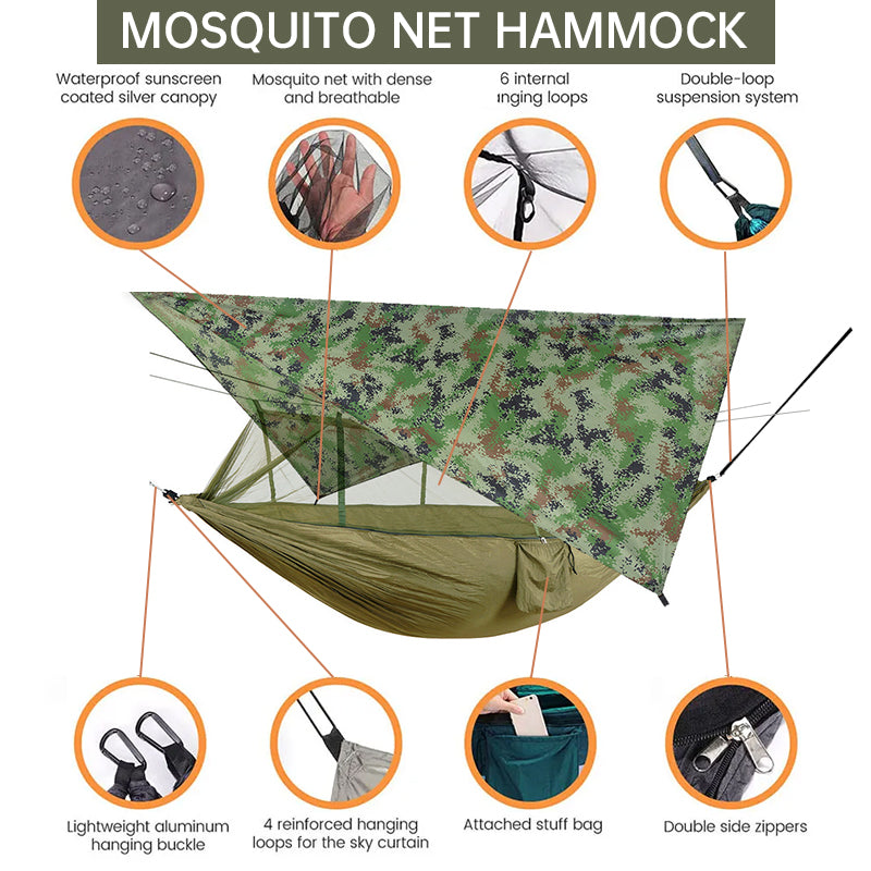 260x140cm Outdoor Double Camping Hammock with Mosquito Net and Rain Fly Tarp Lightweight Parachute Hammocks for Travel Hiking - NOVADI