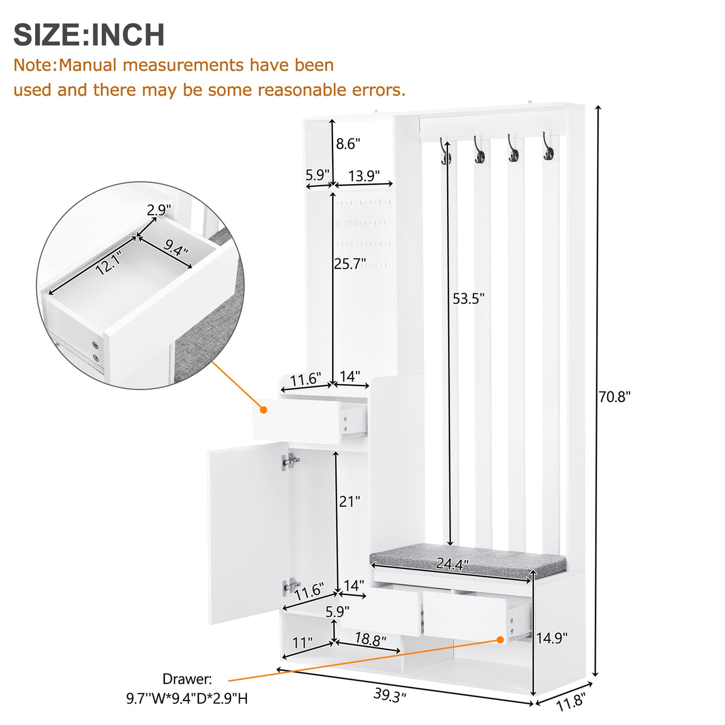 39.3'W70.8'H multifunctional corridor shoe cabinet with soft padded nail board and white clothes hanger with entrance hook