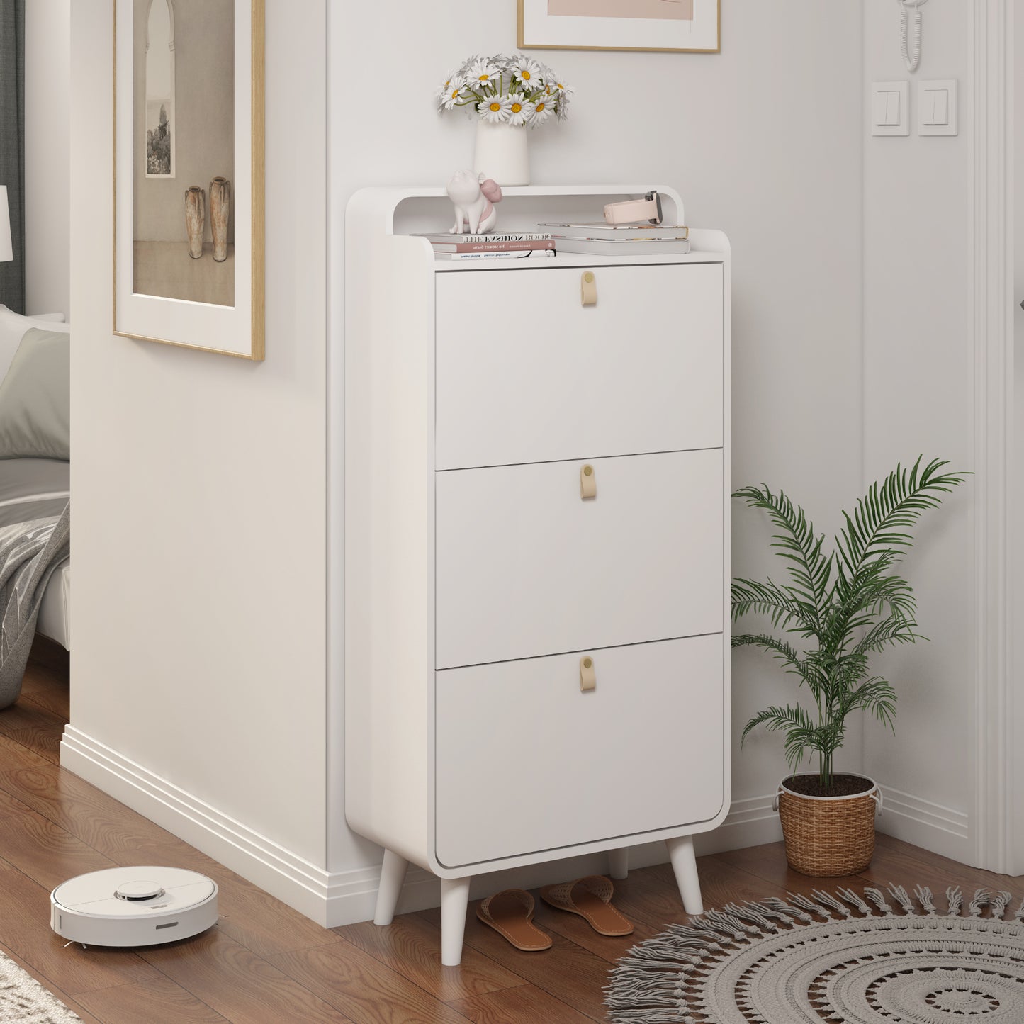 Modern Arc Design Shoe Cabinet With 3 Drawers,Shoe Storage Cabinet for Entryway,Outdoor,White Finish