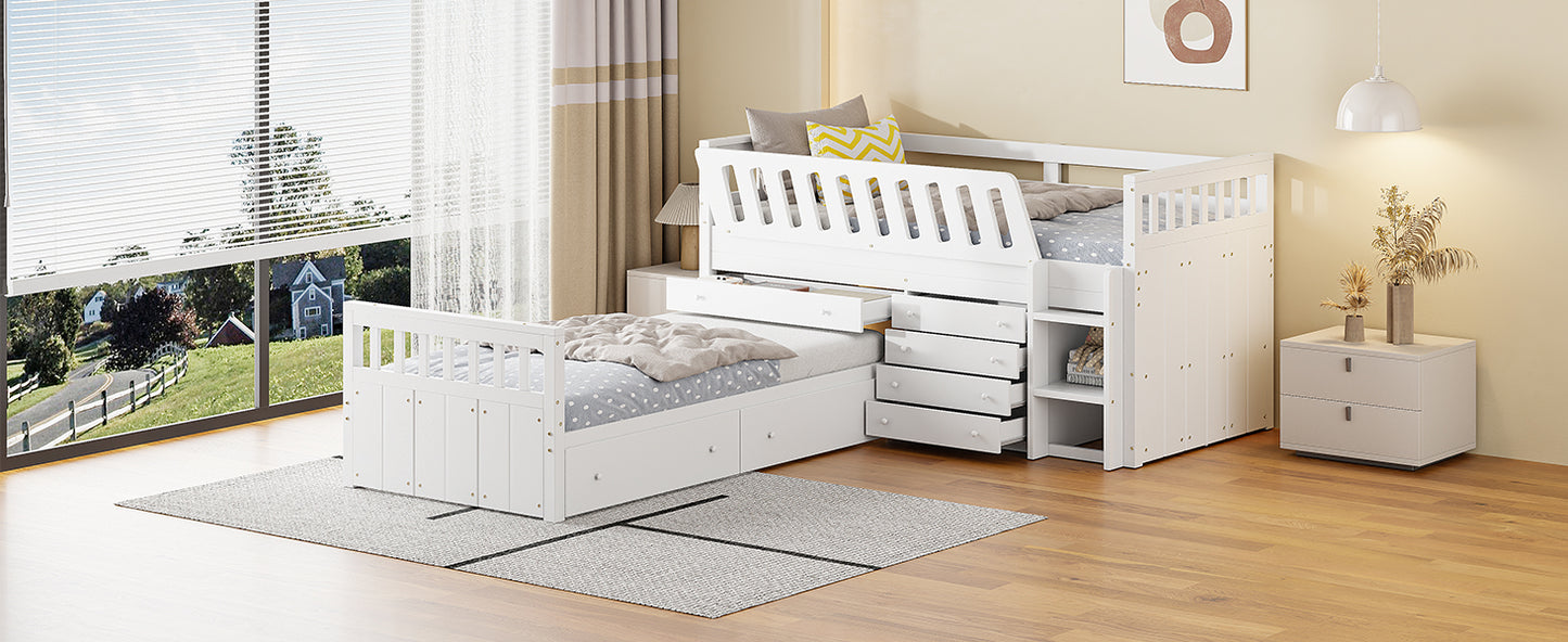 L-shaped Space-Saving Twin Loft and Twin Platform Bed with 7 Drawers and Full Guardrails(WHITE)