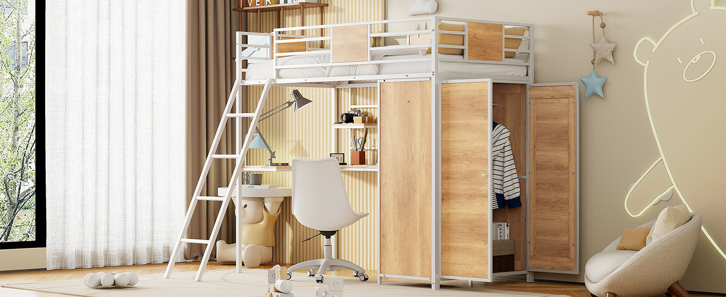 Twin Size Loft bed with L-shape Desk and Wardrobe, White