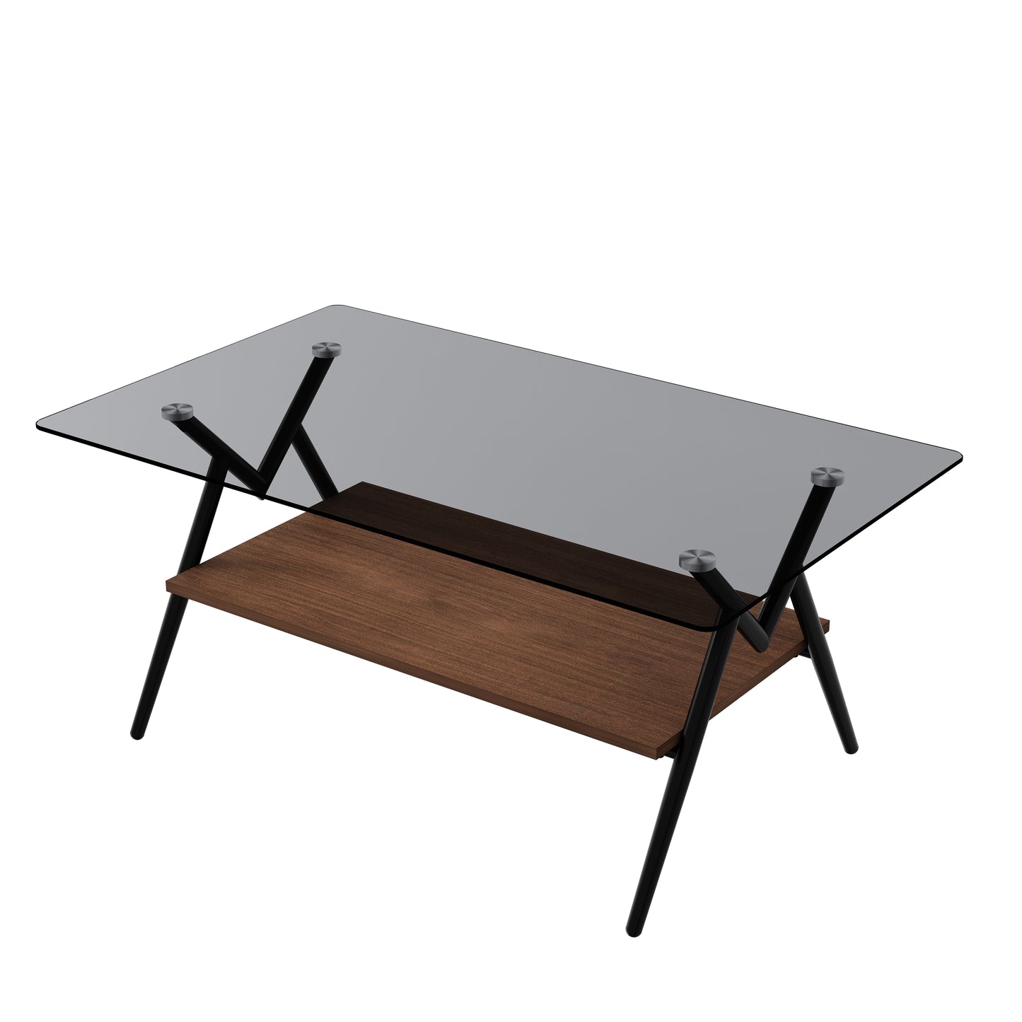 Rectangle Coffee Table with Tempered Glass top and Brown MDF Shelf, Modern Table for Living Room, Gray Glass