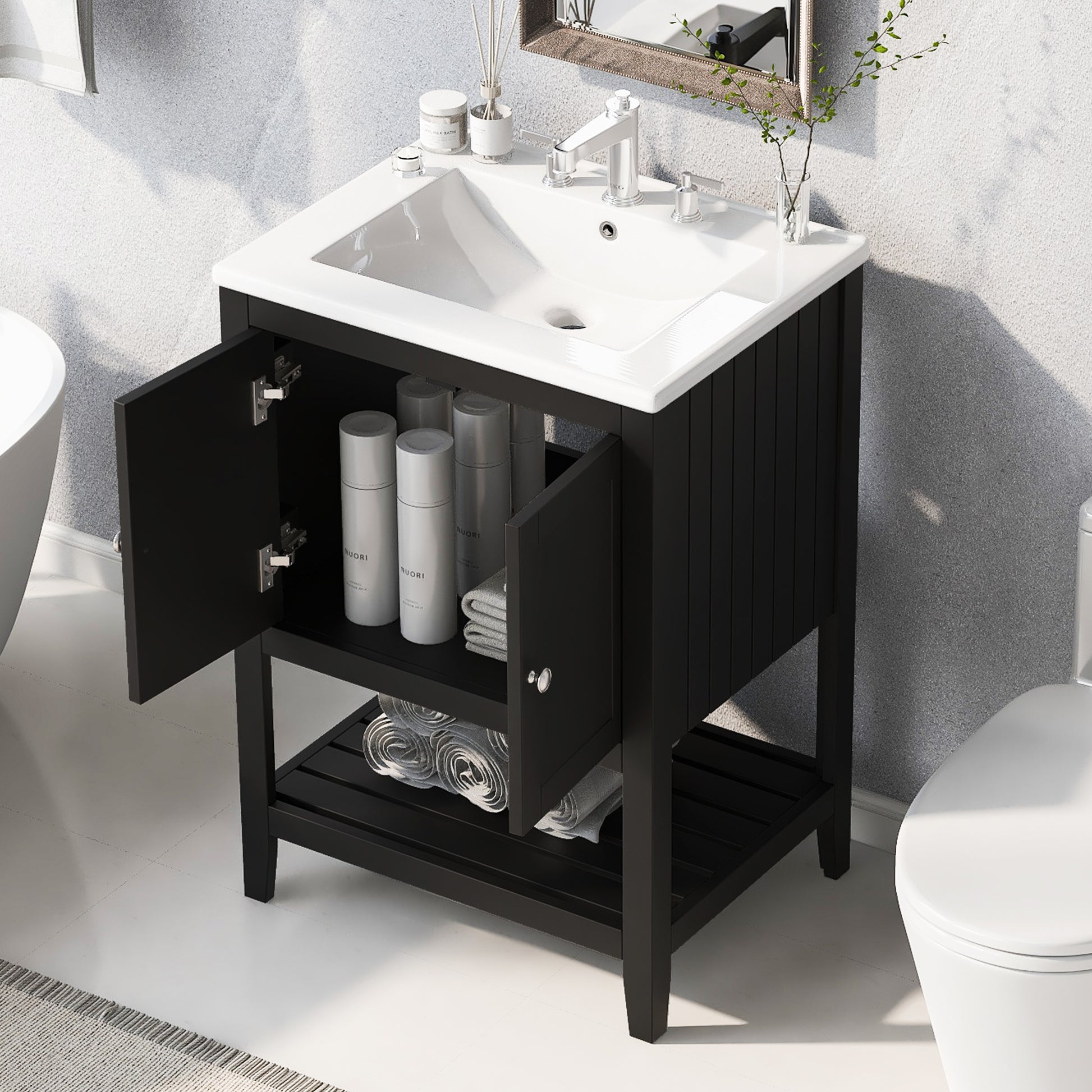 24" Black Modern Sleek Bathroom Vanity Elegant Ceramic Sink with Solid Wood Frame Open Style Shelf - NOVADI