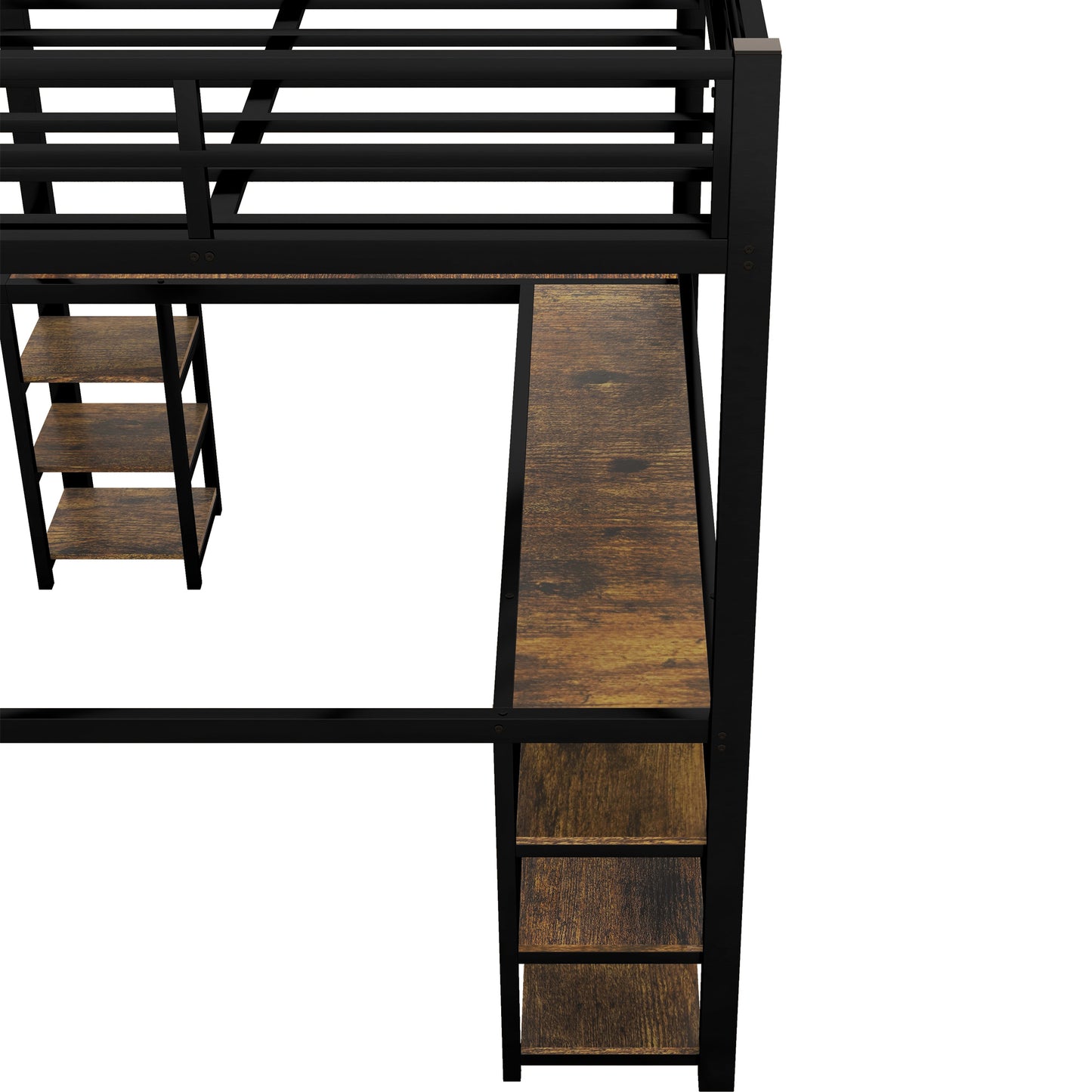 Full metal loft bed with desk and shelf, loft bed with ladder and guardrail, bedroom loft bed frame, black