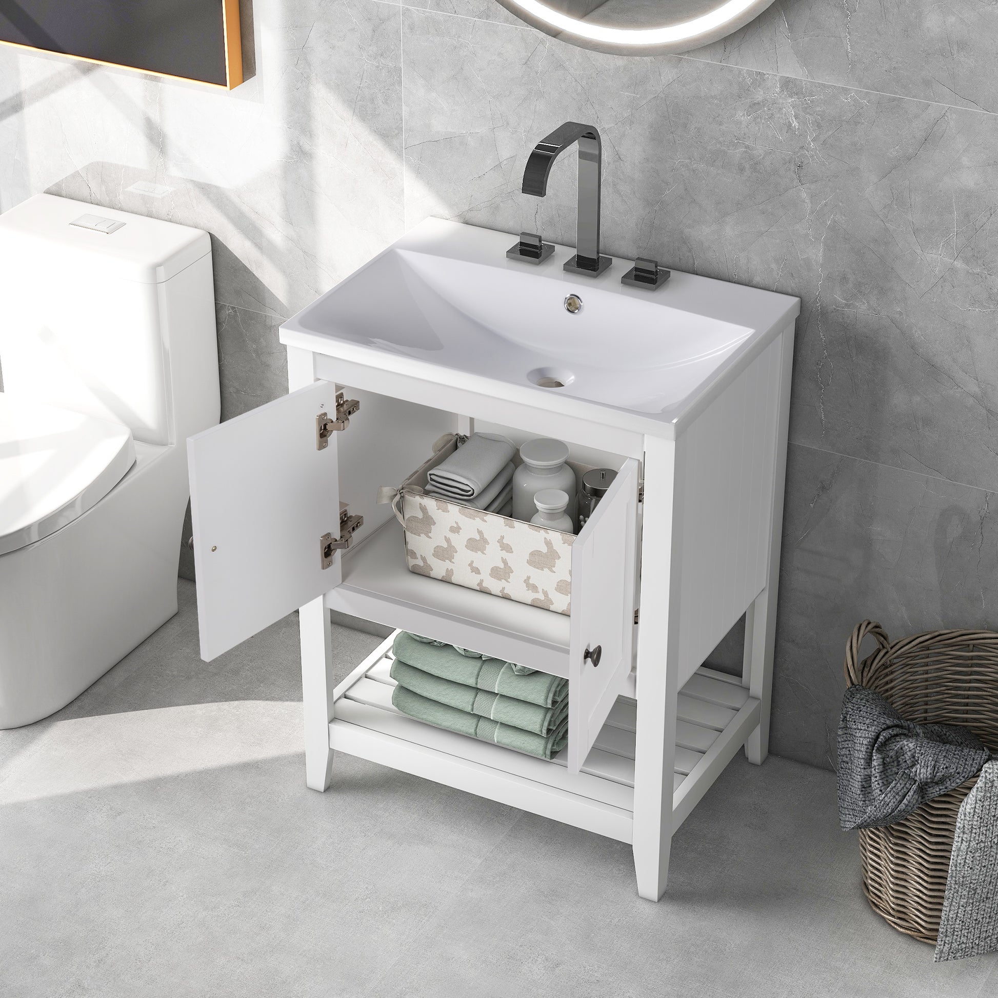 24" White Modern Sleek Bathroom Vanity Elegant Ceramic Sink with Solid Wood Frame Open Style Shelf - NOVADI