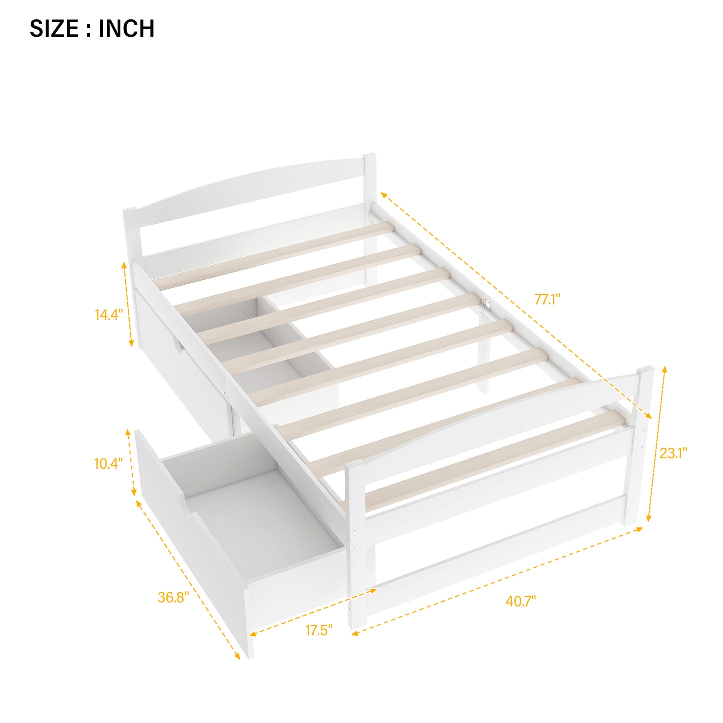 Twin size platform bed, with two drawers, white