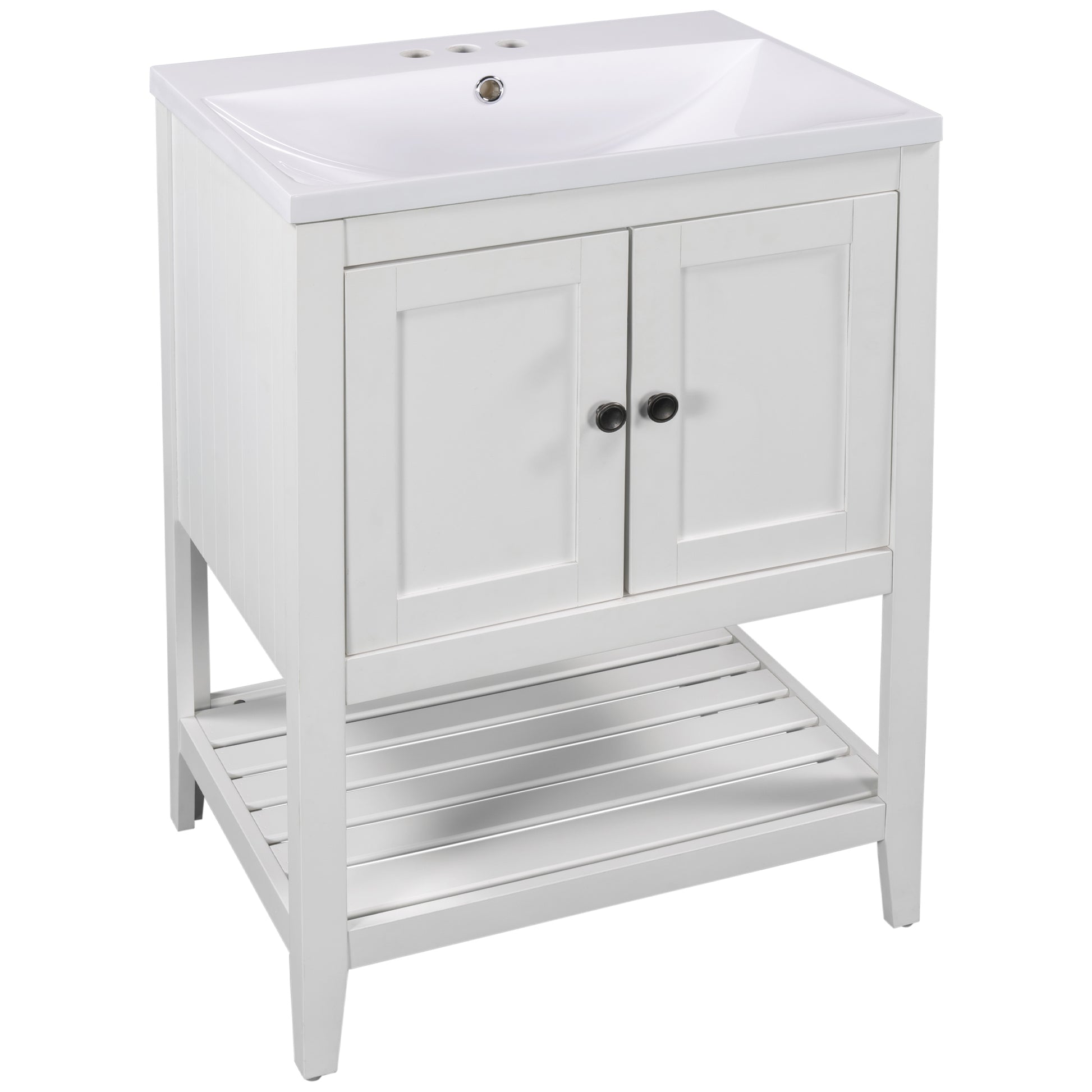 24" White Modern Sleek Bathroom Vanity Elegant Ceramic Sink with Solid Wood Frame Open Style Shelf - NOVADI