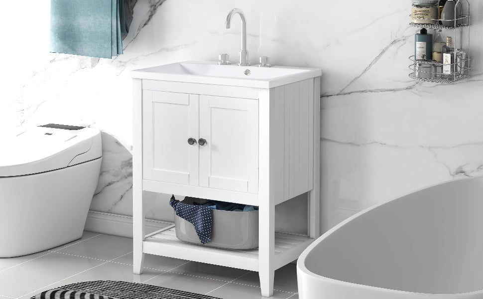 24" White Modern Sleek Bathroom Vanity Elegant Ceramic Sink with Solid Wood Frame Open Style Shelf - NOVADI