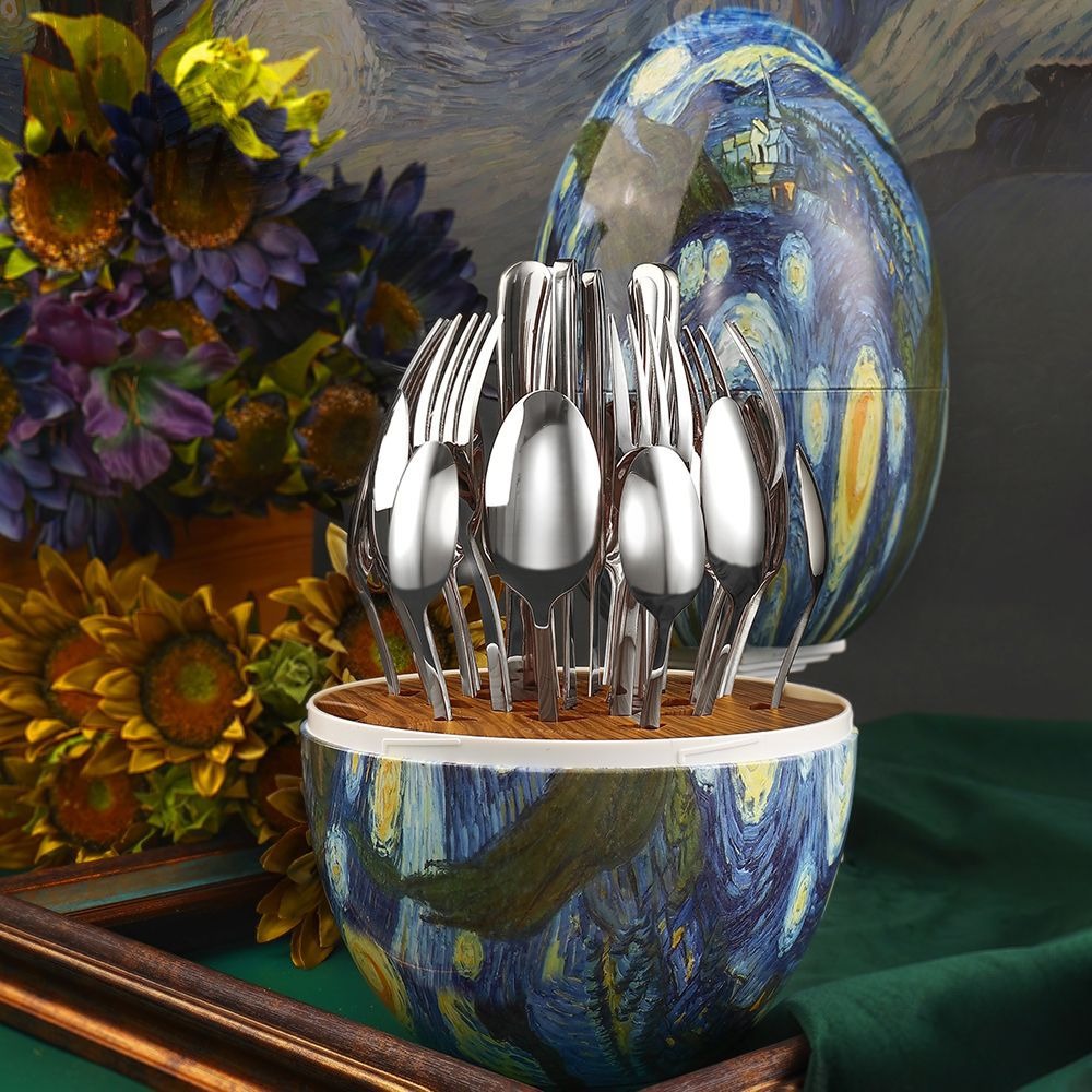 Heartland Egg 24-Piece Stainless Steel Tableware Set Van Gogh Home Art Ornaments MOOD Knife Fork And Spoon Set