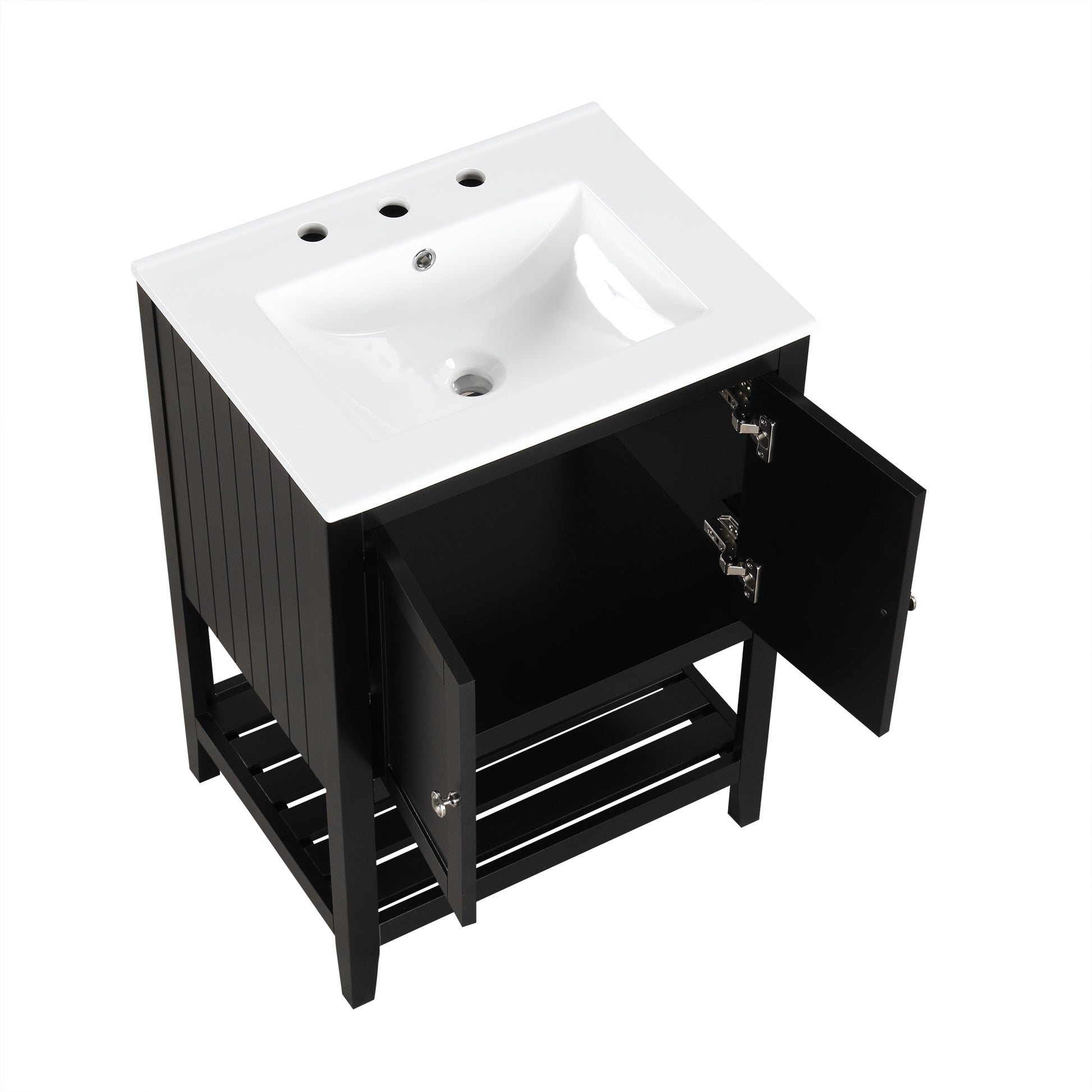 24" Black Modern Sleek Bathroom Vanity Elegant Ceramic Sink with Solid Wood Frame Open Style Shelf - NOVADI