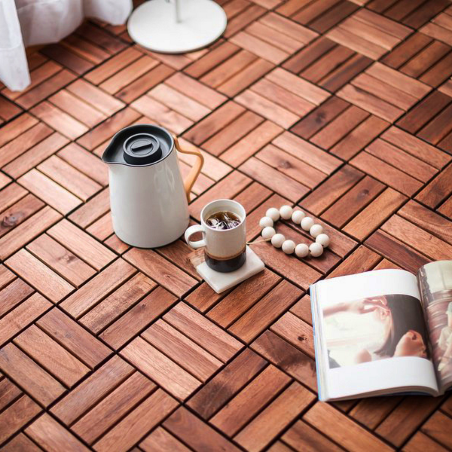 Acacia interlocking deck tile grid pattern, 10 pieces of 12 inch x 12 inch square brown Acacia hardwood outdoor flooring