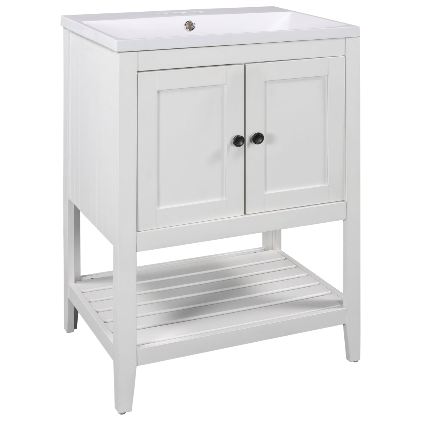 24" White Modern Sleek Bathroom Vanity Elegant Ceramic Sink with Solid Wood Frame Open Style Shelf - NOVADI