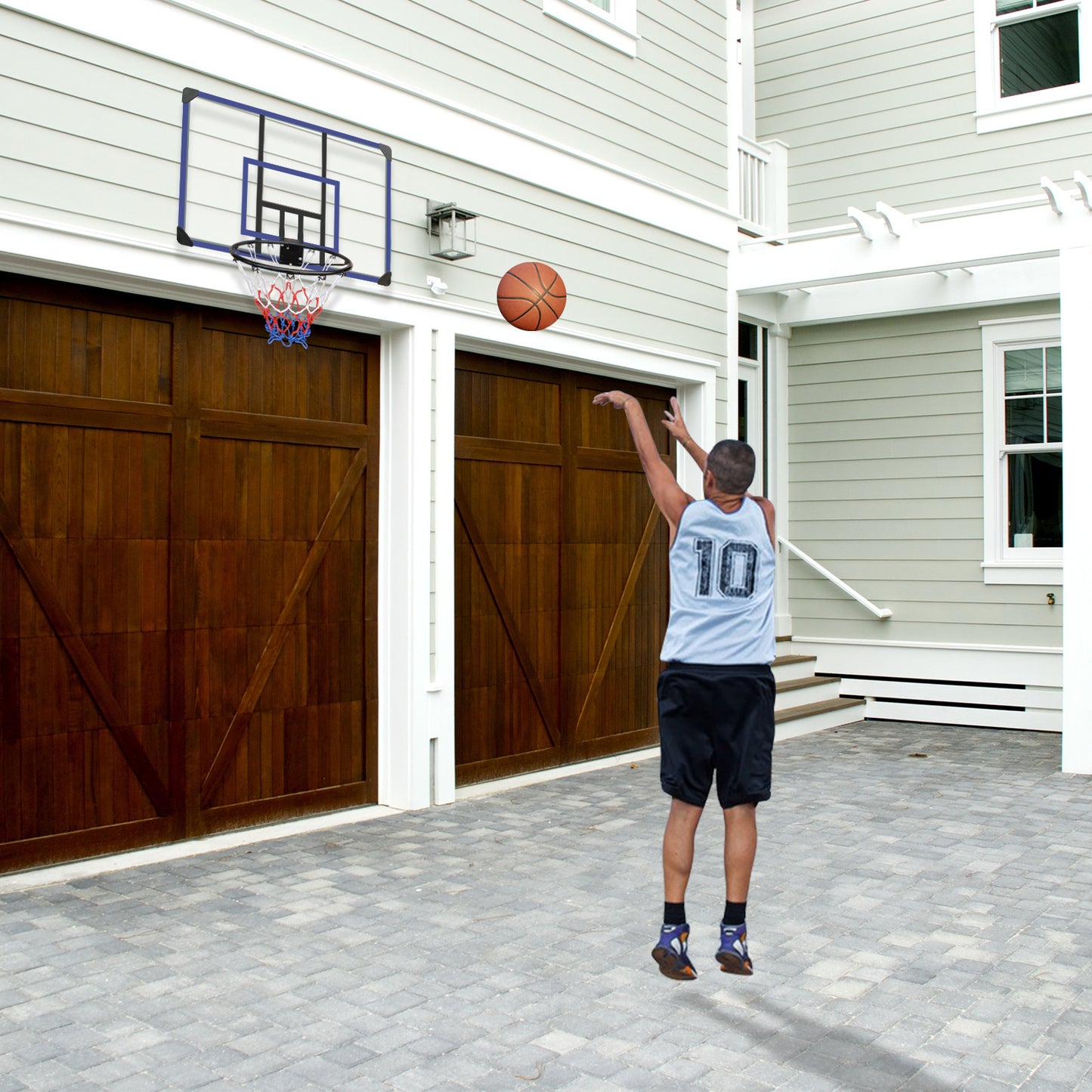 Wall mounted basketball basket, 45 x 29 inch shatterproof back, foldable basketball basket, all-weather mesh fabric