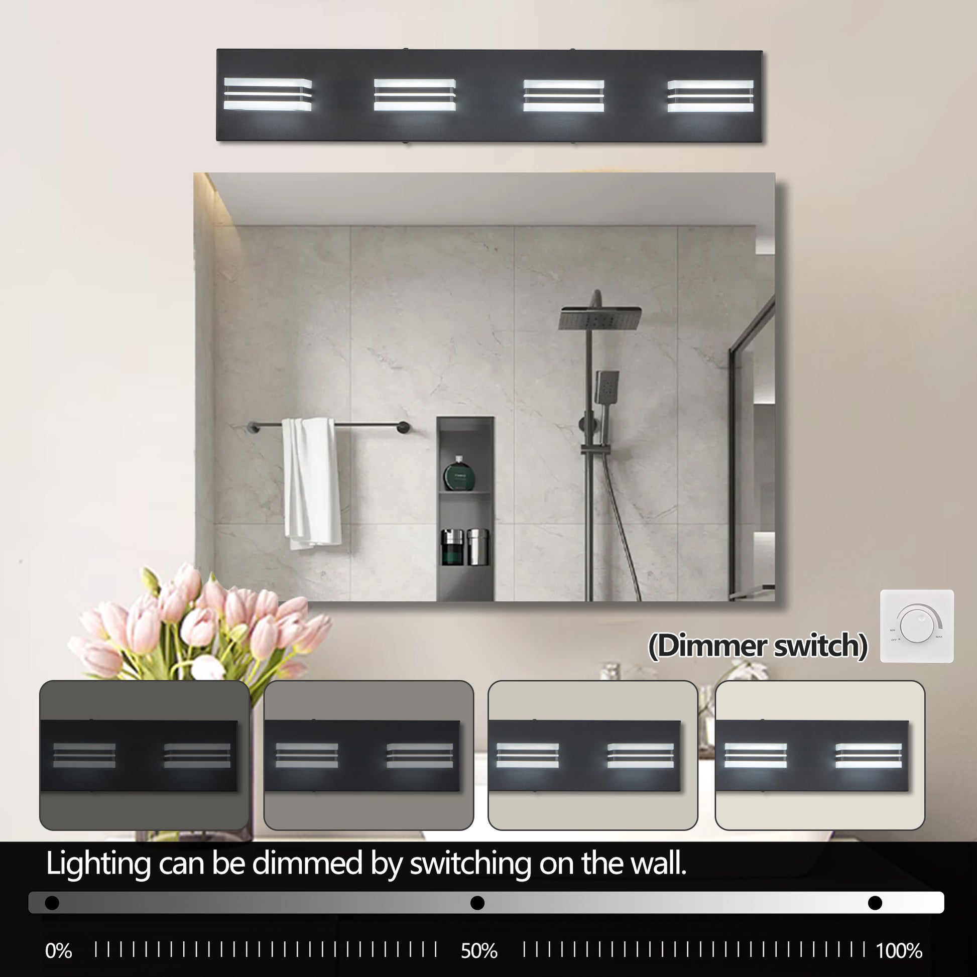 LED Modern Black Vanity Lights, 4-Lights Acrylic Matte Black Bathroom Vanity Lights Over Mirror - NOVADI